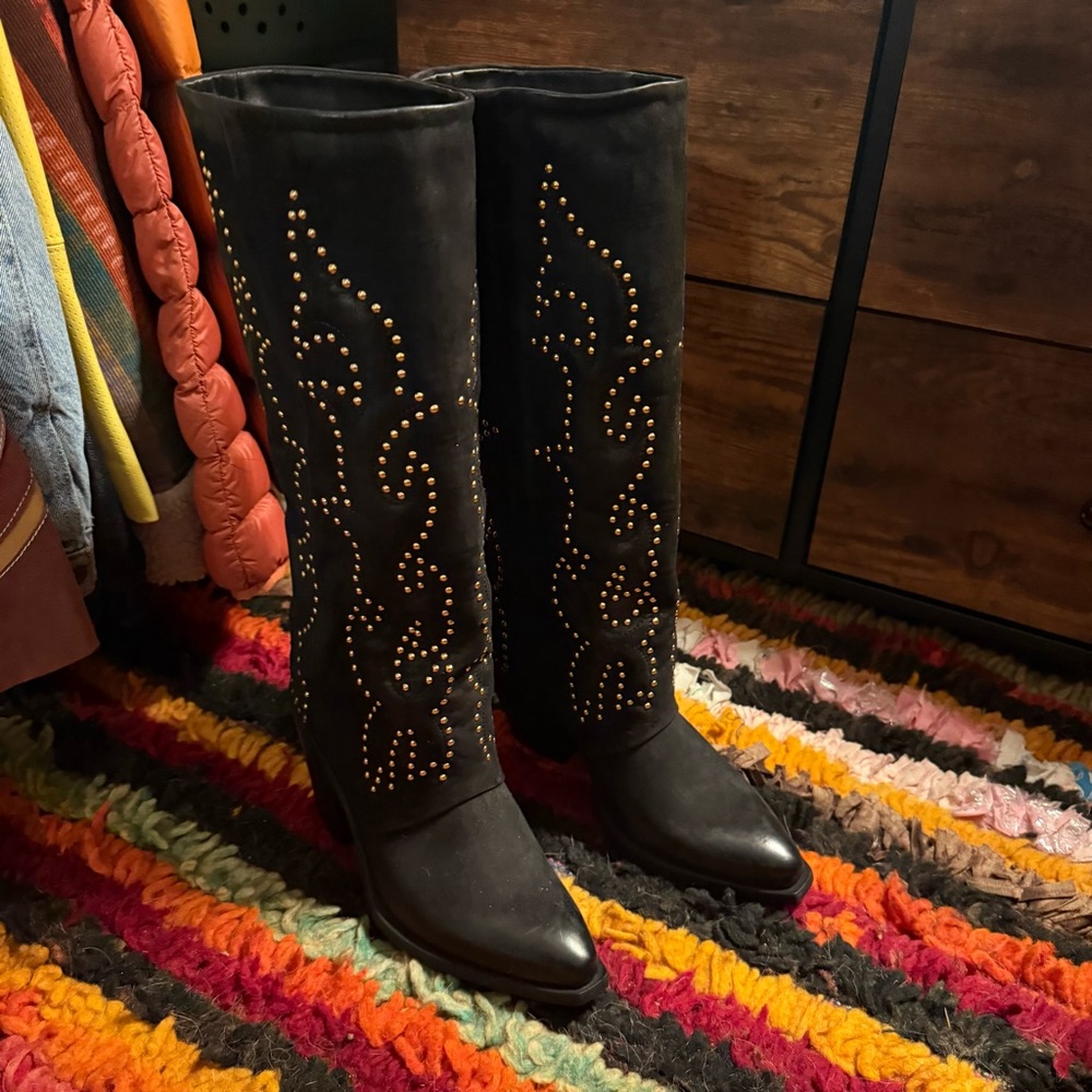 Steve Madden “Woodie” Black Leather Studded Knee-High Boots